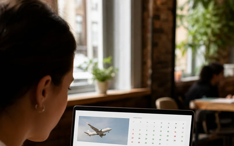 traveler searching for the best day to book flights on a laptop at a café.