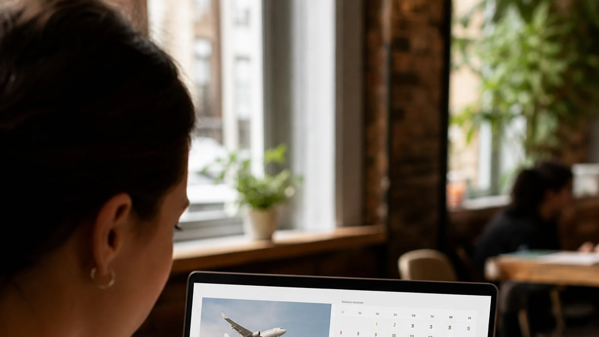 traveler searching for the best day to book flights on a laptop at a café.