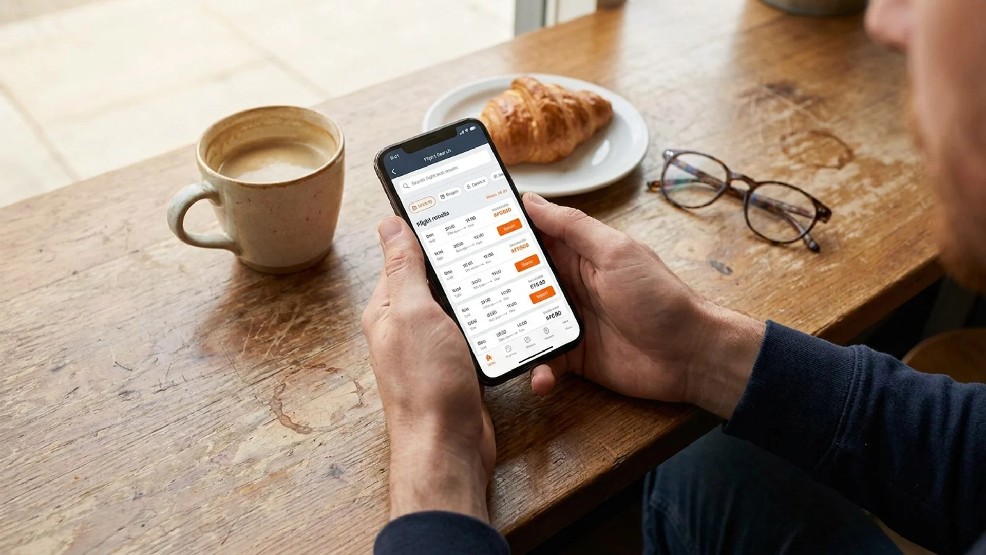 A realistic overhead shot of a person's hands holding a smartphone showing a flight search results page at a coffee shop table, warm natural lighting, 16:9 composition. Alt: person searching for cheapest days to fly on a smartphone.