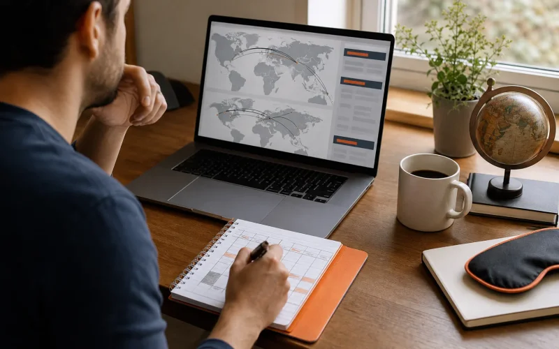 Traveler comparing business class flight budgets and flexible routes