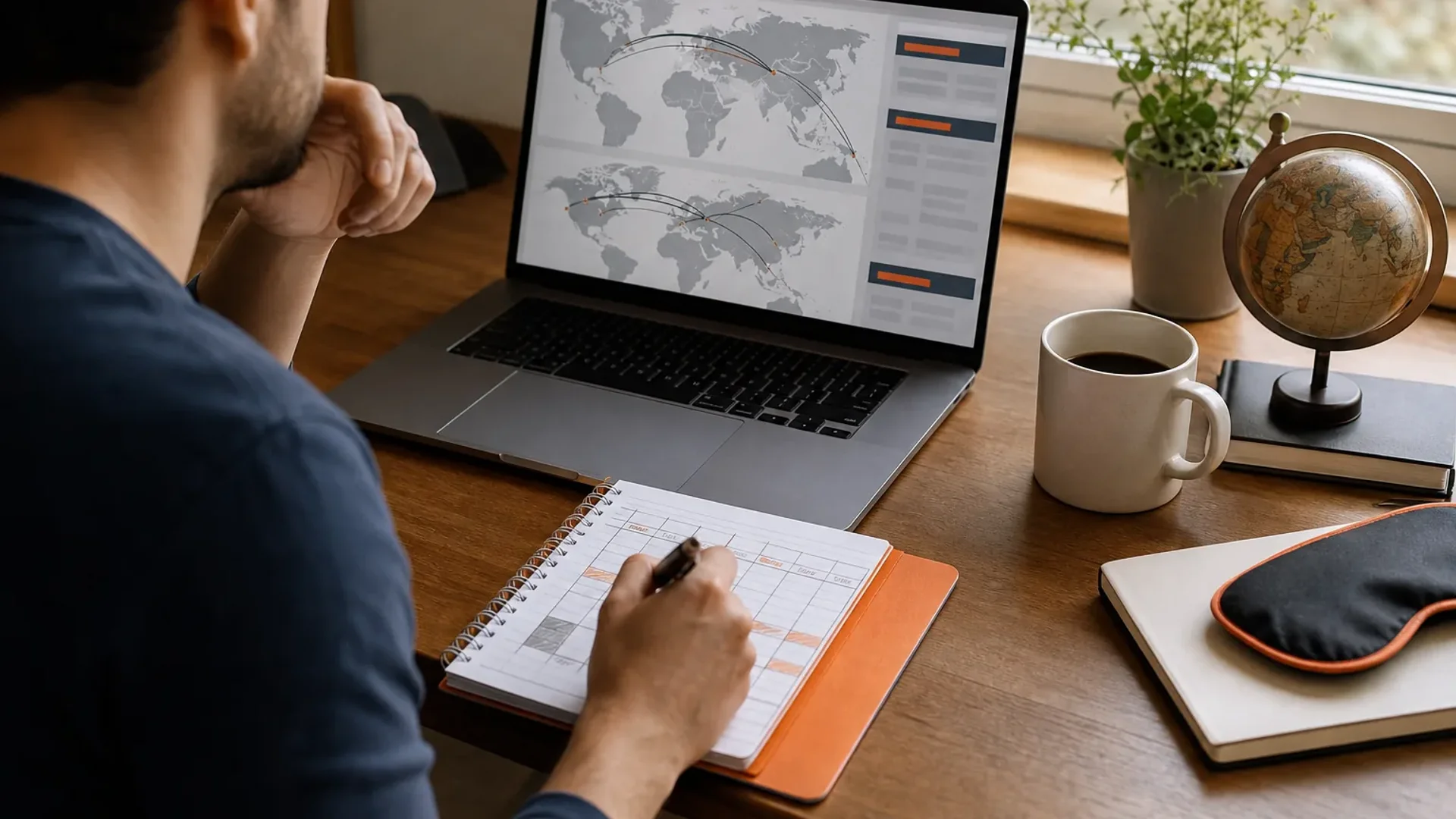 Traveler comparing business class flight budgets and flexible routes