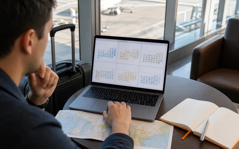Traveler comparing flexible flight dates and nearby airports